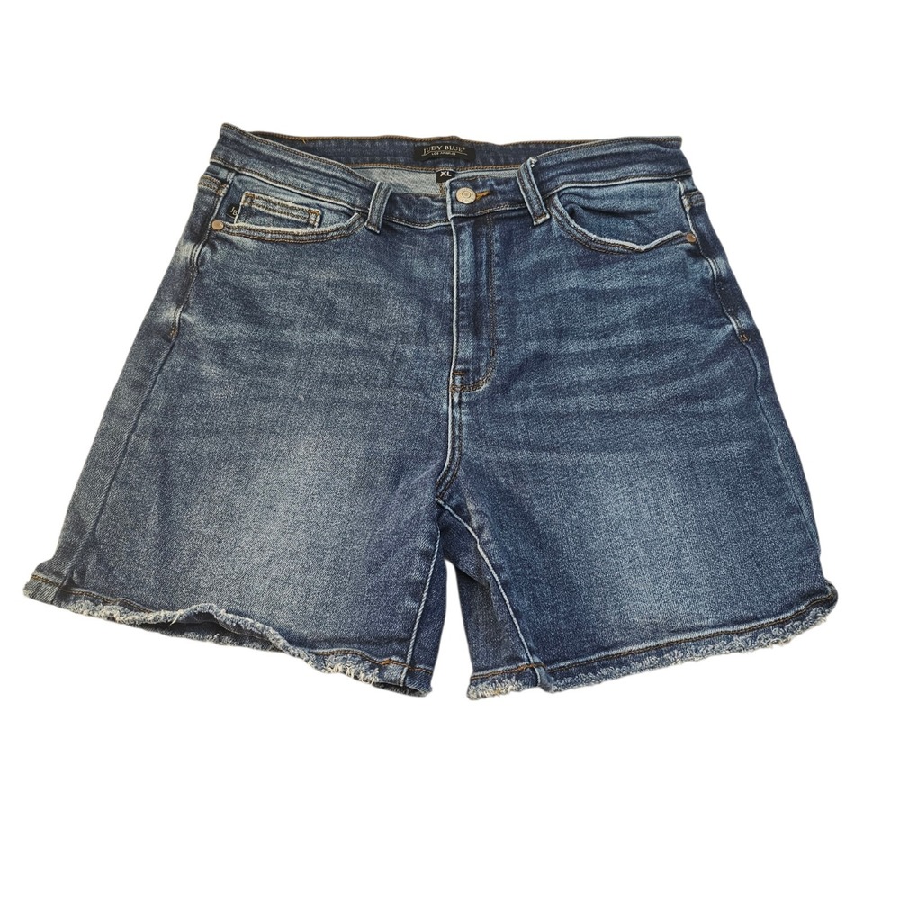 Judy Blue Shorts Womens XL Blue Denim Raw Hem High Rise Stretch Dark Wash